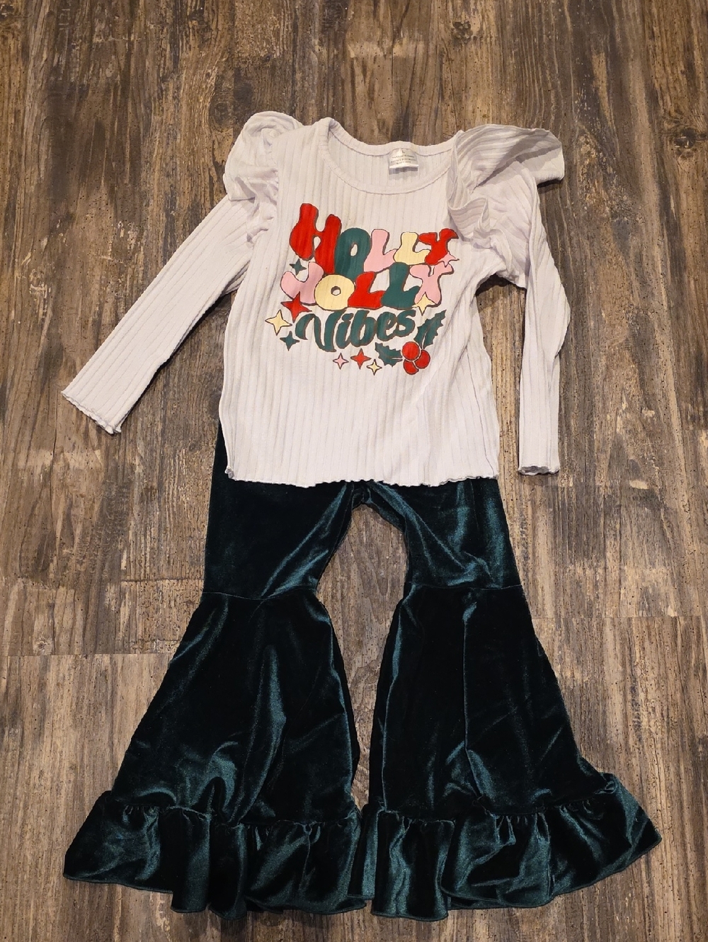 Girls 'Holly Jolly Vibes' Ribbed Long Sleeve Top & Velvet Ruffle Pants Set